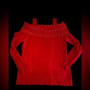 Women’s Christmas sweater red cold shoulder rhinestone holiday sweater NWT L